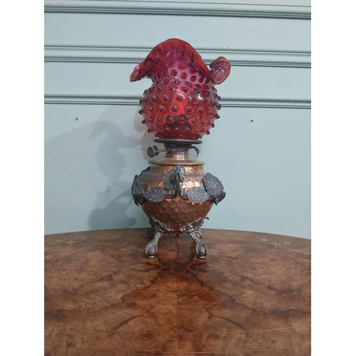 95 - Good quality copper and silver plate oil lamp with ruby glass shade. {45 cm H x 23 cm Dia.}.