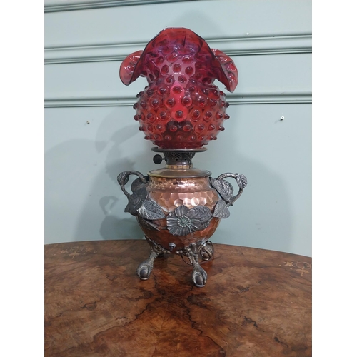 95 - Good quality copper and silver plate oil lamp with ruby glass shade. {45 cm H x 23 cm Dia.}.