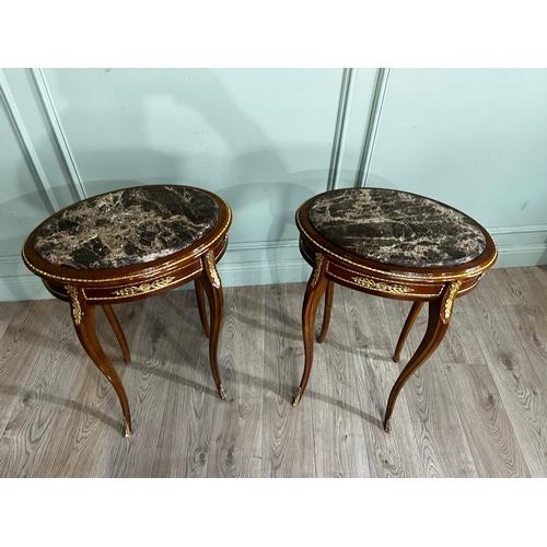 776 - Pair of decorative French kingwood lamp tables with marble tops {81cm H x 54cm W x 38cm D}