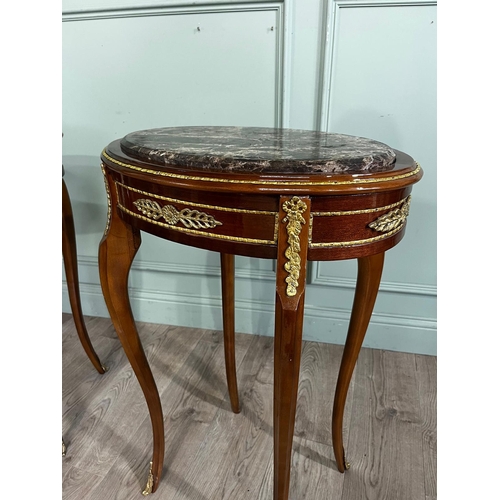 776 - Pair of decorative French kingwood lamp tables with marble tops {81cm H x 54cm W x 38cm D}