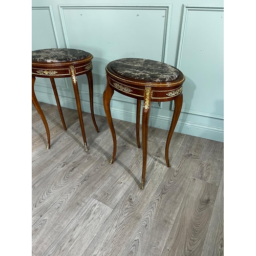 776 - Pair of decorative French kingwood lamp tables with marble tops {81cm H x 54cm W x 38cm D}