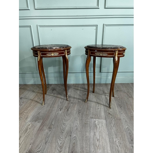 776 - Pair of decorative French kingwood lamp tables with marble tops {81cm H x 54cm W x 38cm D}