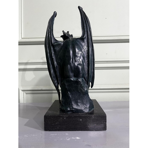 110a - Bronze pensive figure of the Devil, mounted on a marble base. { 34cm H X 16cm Sq. }.