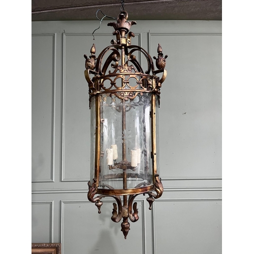 130a - Decorative brass hall lantern. { 103cm H X 33cm Dia. }.