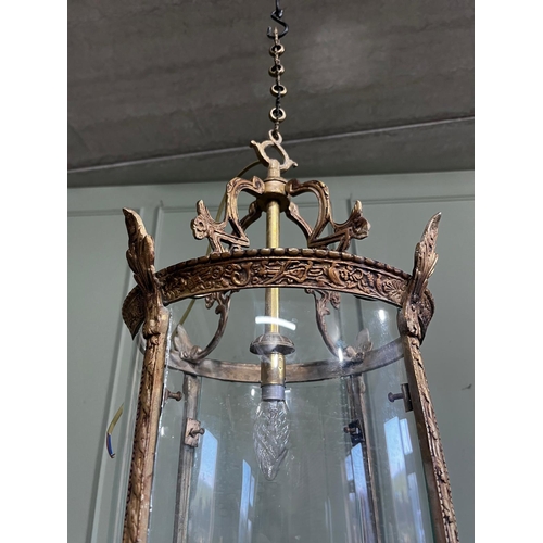 160a - Decorative brass hall lantern. { 84cm H X 30cm Dia. }.