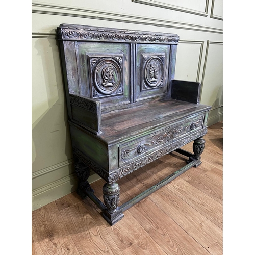 170a - Painted pine carved hall bench, in the Gothic style. { 112cm H X 107cm W X 45cm D }.