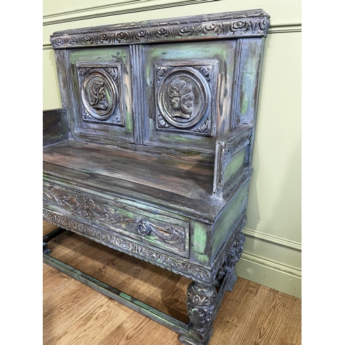 170a - Painted pine carved hall bench, in the Gothic style. { 112cm H X 107cm W X 45cm D }.