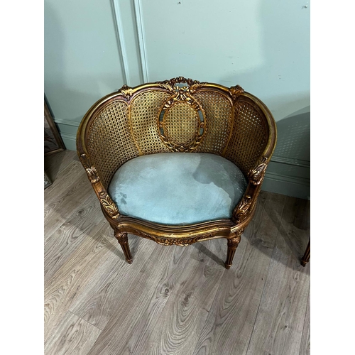 180a - Pair of French giltwood armchairs with bergere backs and upholstered seats, in the Louis XVI style. ... 