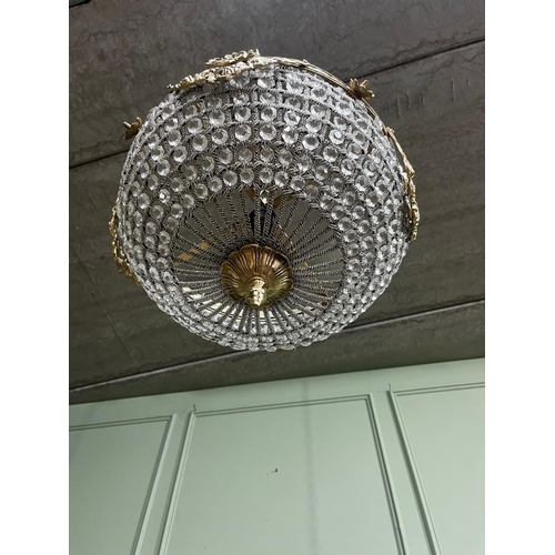 210a - Decorative French brass and crystal hanging light. { 46cm H X 39cm W }.