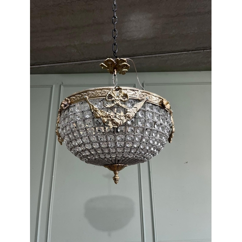 210a - Decorative French brass and crystal hanging light. { 46cm H X 39cm W }.