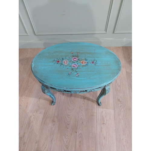 260a - French painted mahogany oval coffee table with floral decoration. { 49cm H X 78cm W X 55cm D. }.