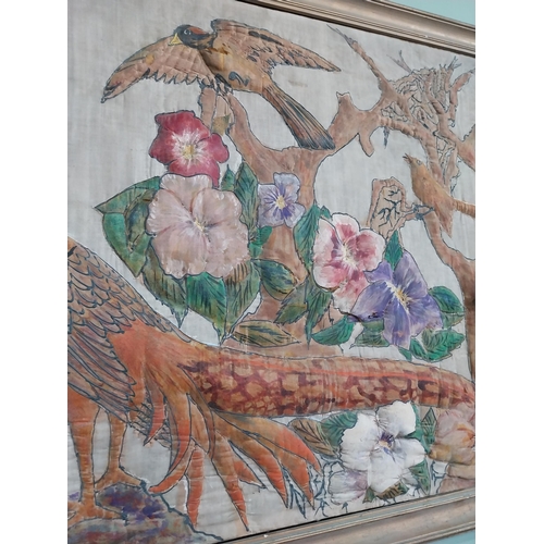 270a - Embroidered picture of bird, flora and trees mounted in a gilt frame. { 62cm H X 95cm W }