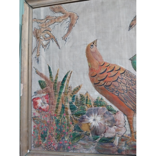 270a - Embroidered picture of bird, flora and trees mounted in a gilt frame. { 62cm H X 95cm W }