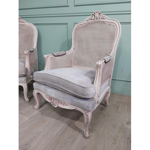 280a - Pair of French painted pine armchairs with bergere backs. { 177cm H X 80cm W X 70cm D }.