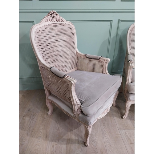 280a - Pair of French painted pine armchairs with bergere backs. { 177cm H X 80cm W X 70cm D }.