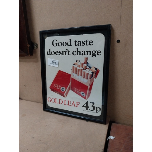 109 - Good Taste Doesn't Change Gold Flake advertising Showcard. {27 cm H x 22 cm W}.