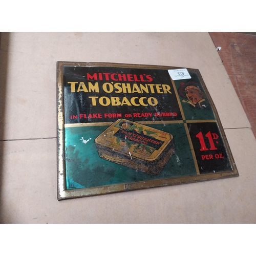 110 - Mitchell's Tam O' Shanter Tobacco tin plate advertising sign. {19cm H X 24cm W}.