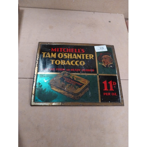 110 - Mitchell's Tam O' Shanter Tobacco tin plate advertising sign. {19cm H X 24cm W}.