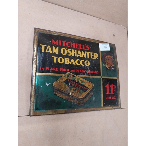 110 - Mitchell's Tam O' Shanter Tobacco tin plate advertising sign. {19cm H X 24cm W}.