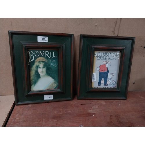 111 - Bovril and Andrew�s Liver Salts framed advertising prints. {29 cm H x 24 cm W}.