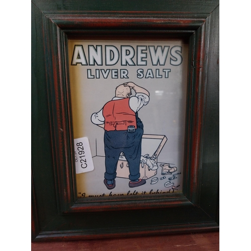 111 - Bovril and Andrew�s Liver Salts framed advertising prints. {29 cm H x 24 cm W}.