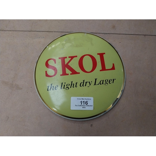 116 - Skol Delight Dry Lager tin plate advertising sign {17cm Dia}.