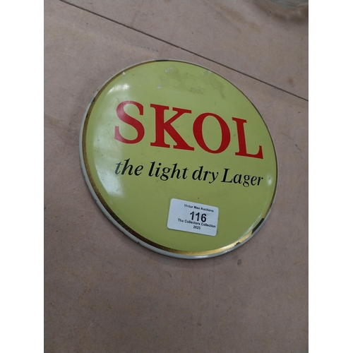 116 - Skol Delight Dry Lager tin plate advertising sign {17cm Dia}.