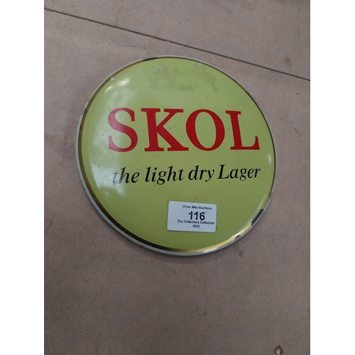 116 - Skol Delight Dry Lager tin plate advertising sign {17cm Dia}.