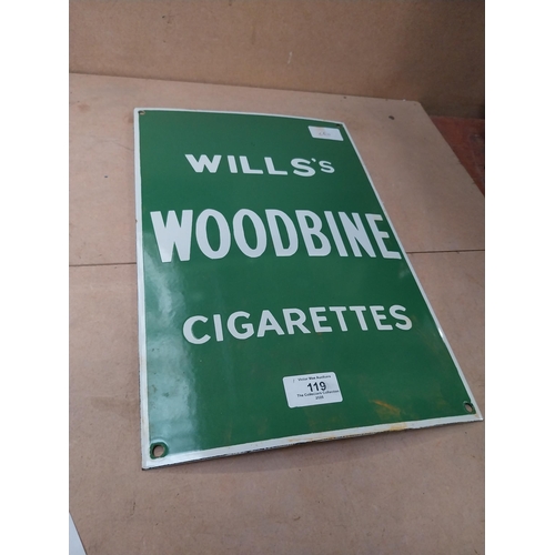 119 - Wills�s Woodbine Cigarettes enamel advertising sign. {36 cm H x 24 cm W}