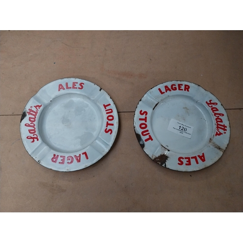 120 - Two Labatt's Ales Stout and Lager enamel ashtrays. {15 cm Diam.}