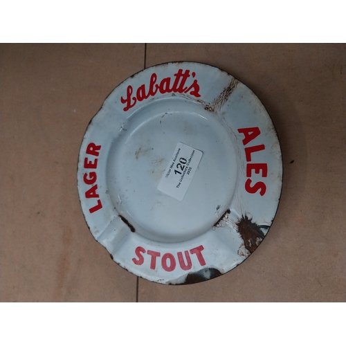 120 - Two Labatt's Ales Stout and Lager enamel ashtrays. {15 cm Diam.}