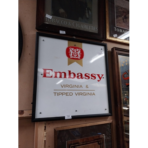 1229 - Embassy Virginia Tipped Cigarettes framed Perspex sign. {51 cm H x 51 cm W}.