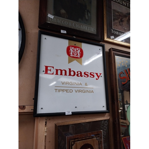 1229 - Embassy Virginia Tipped Cigarettes framed Perspex sign. {51 cm H x 51 cm W}.