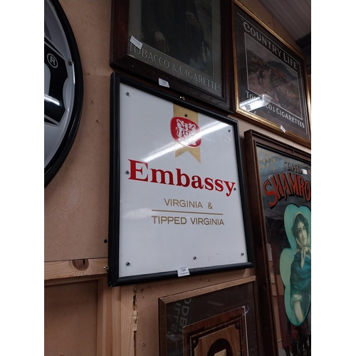 1229 - Embassy Virginia Tipped Cigarettes framed Perspex sign. {51 cm H x 51 cm W}.