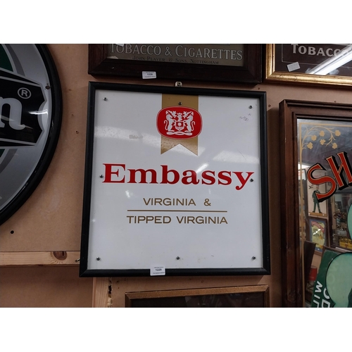 1229 - Embassy Virginia Tipped Cigarettes framed Perspex sign. {51 cm H x 51 cm W}.