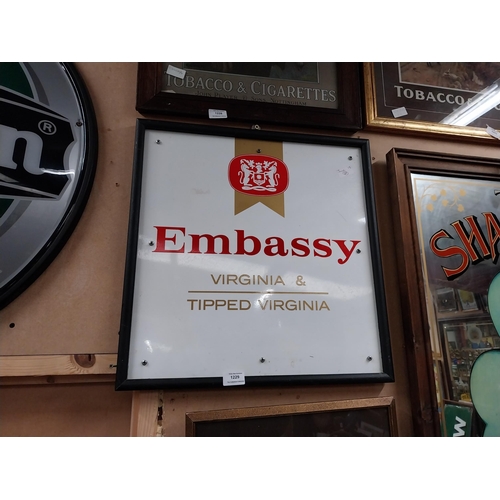 1229 - Embassy Virginia Tipped Cigarettes framed Perspex sign. {51 cm H x 51 cm W}.