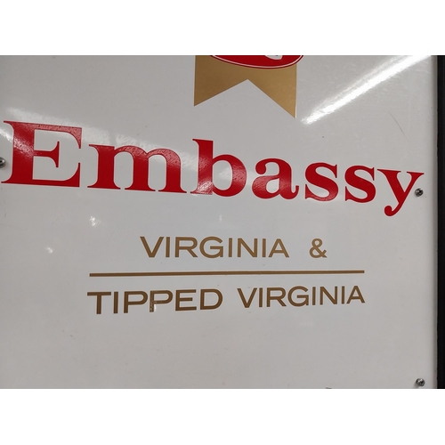 1229 - Embassy Virginia Tipped Cigarettes framed Perspex sign. {51 cm H x 51 cm W}.