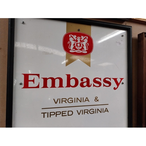 1229 - Embassy Virginia Tipped Cigarettes framed Perspex sign. {51 cm H x 51 cm W}.