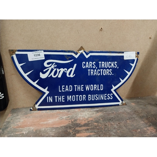 1236 - Ford Cars Lead the World enamel advertising sign. {17 cm H x 35 cm W}.