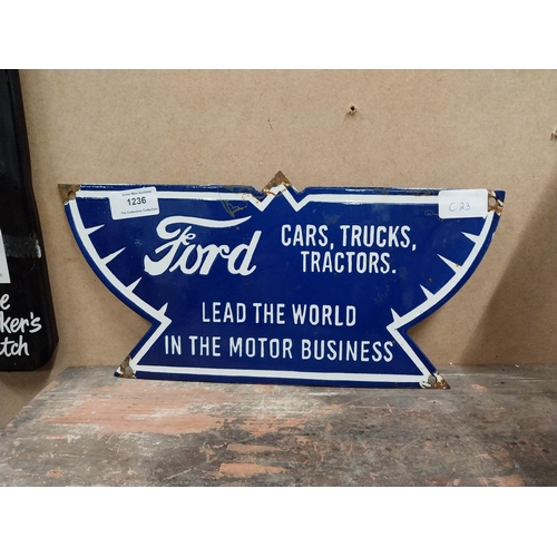 1236 - Ford Cars Lead the World enamel advertising sign. {17 cm H x 35 cm W}.