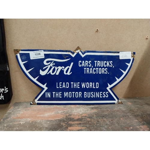 1236 - Ford Cars Lead the World enamel advertising sign. {17 cm H x 35 cm W}.