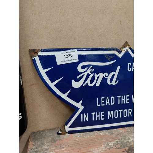 1236 - Ford Cars Lead the World enamel advertising sign. {17 cm H x 35 cm W}.