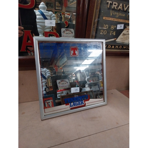 126 - Tennents Lager framed advertising mirror. {22 cm H x 23 cm W}.