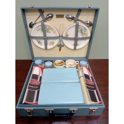 1347 - Vintage circa 1950s Motoring picnic set including two blue enamel lunch boxes , two thermos vacuum f... 