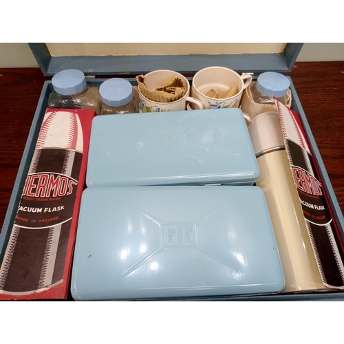 1347 - Vintage circa 1950s Motoring picnic set including two blue enamel lunch boxes , two thermos vacuum f... 