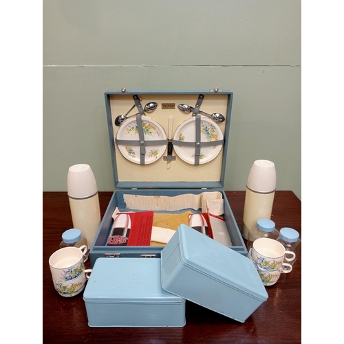 1347 - Vintage circa 1950s Motoring picnic set including two blue enamel lunch boxes , two thermos vacuum f... 