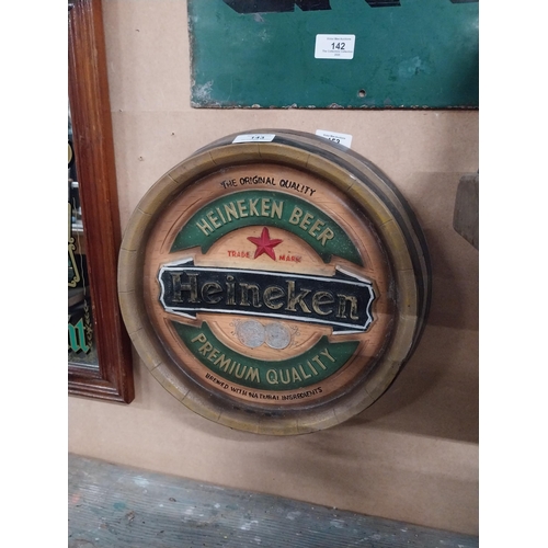 143 - Heineken Lager plastic advertising barrel end. {36 cm Dia.}.