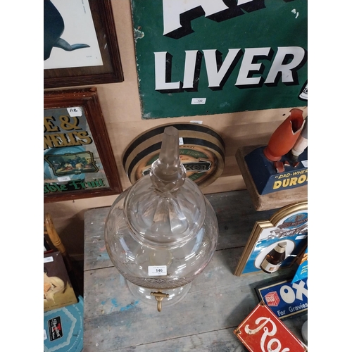 146 - Rare early 1900's Lucky 7 Irish Whiskey cut glass dispenser with original brass tap. {77 cm H x 25 c... 