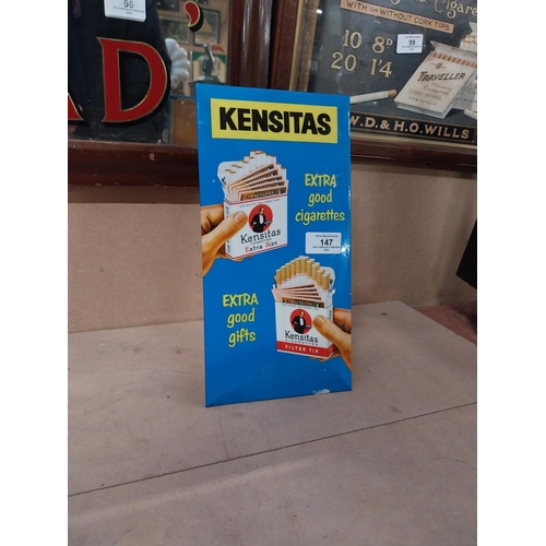 147 - Kensitas Extra Good Cigarettes celluloid counter showcard. {30 cm H x 15 cm W}.