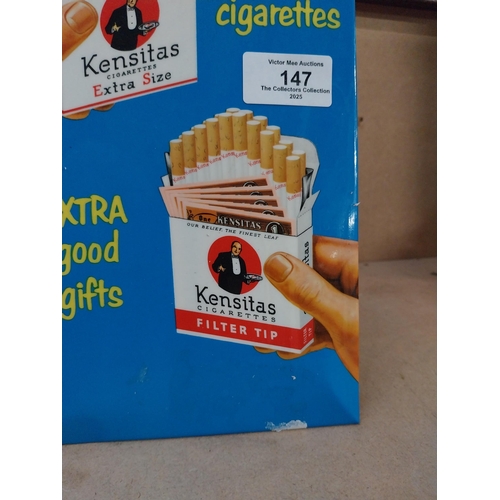 147 - Kensitas Extra Good Cigarettes celluloid counter showcard. {30 cm H x 15 cm W}.